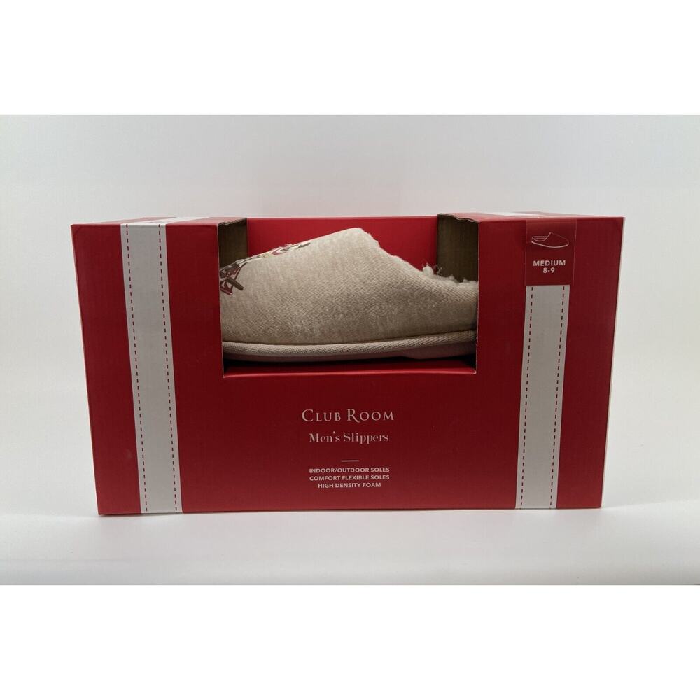 Club Room Men's Slippers Cushioned "Bulldog on Sled" Bed Slides Beige M 8-9 NEW